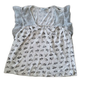 Lucky Brand Top Women's XS White Black Short Sheer Sleeve Cotton Blend